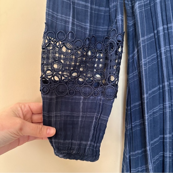Anthropologie’s Akemi Kin Sz 2 Cottagecore Dress Navy Blue Plaid Codie Lace - Picture 5 of 16